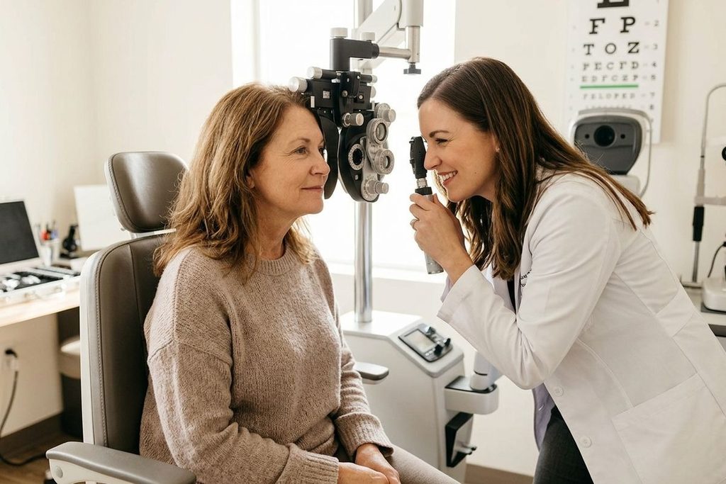 Optometrist smiling while examining a seated patient's eyes with a phoropter in an exam room, eye chart on wall.