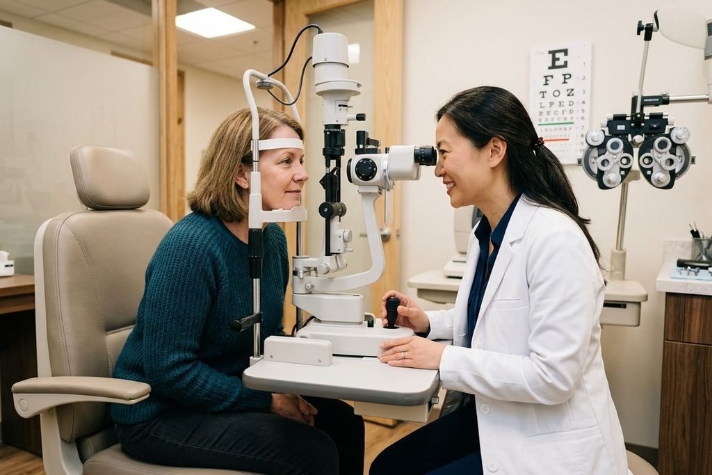 Optometrist using a slit lamp to examine a seated patient's eyes in an exam room with an eye chart and phoropter.