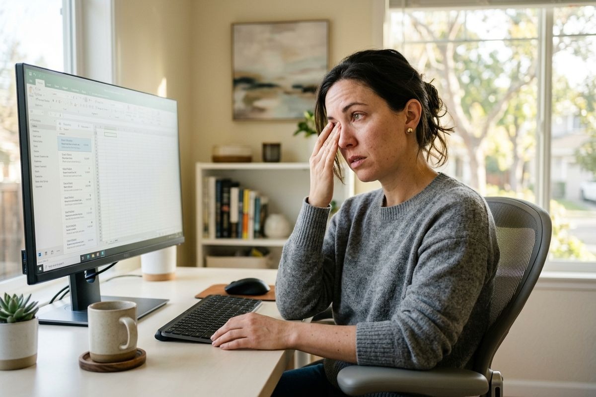 Person rubbing one eye while sitting at a desk with a computer monitor, keyboard, and mug in a home office.