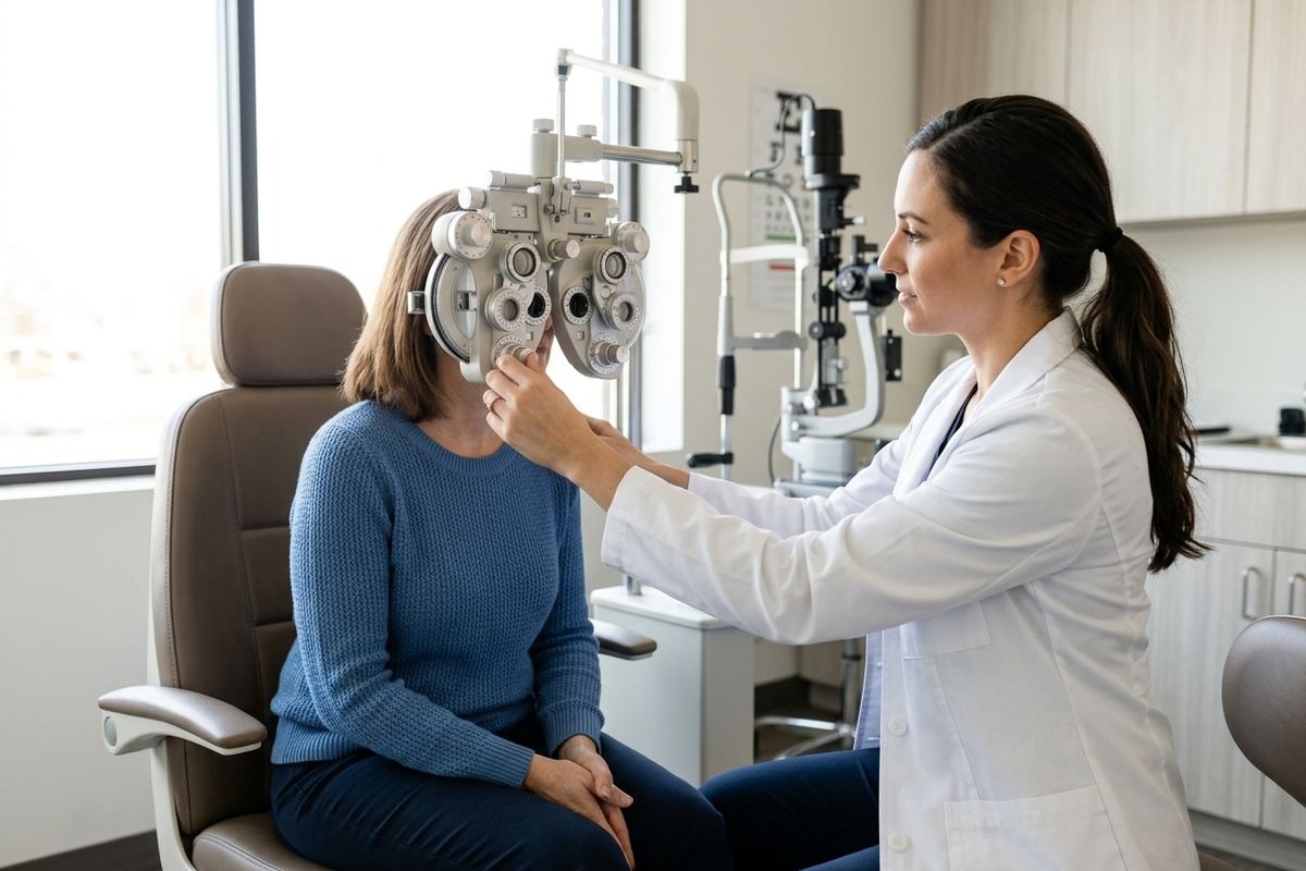 Optometrist adjusts a phoropter for a patient during an eye exam in a clinic.