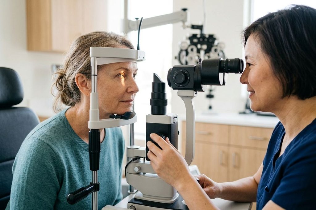Optometrist examining a patient's eye using a slit lamp during an eye exam.