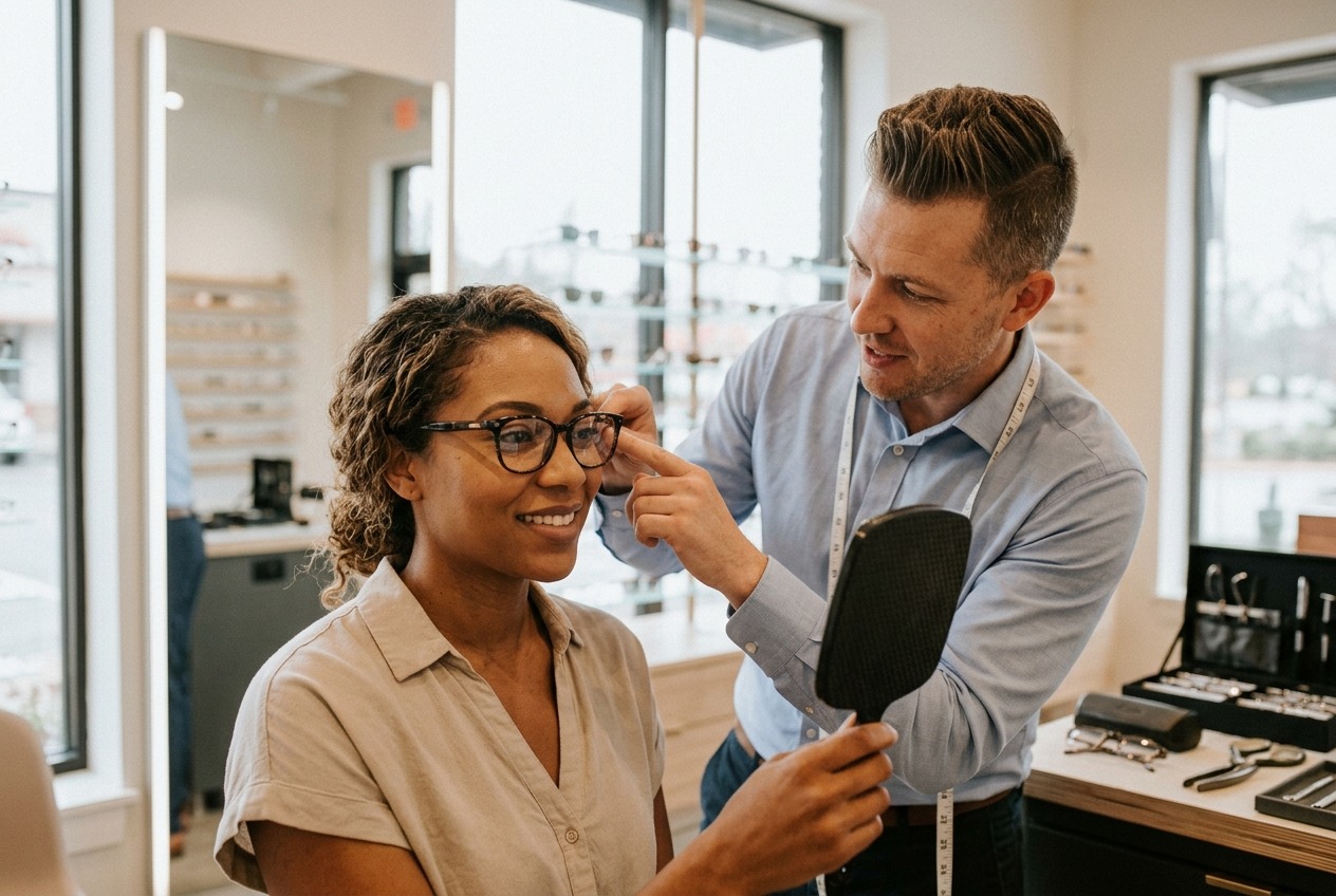 optician helping a client try on a pair of glasses