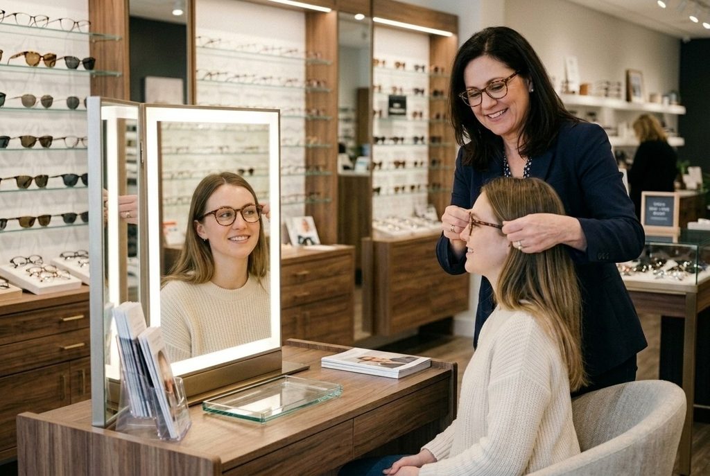 optician helping a client try on a pair of glasses