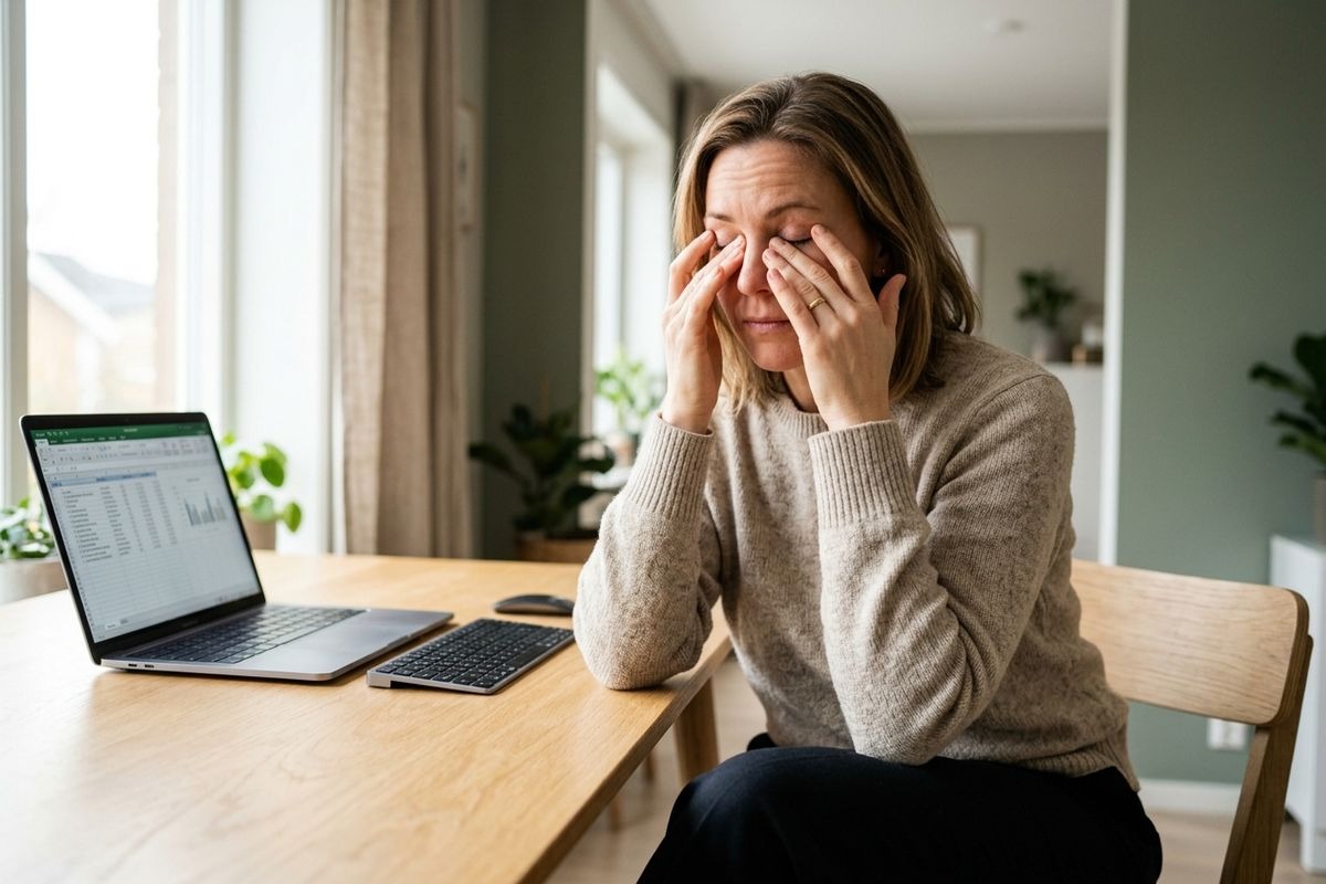 Person rubbing their eyes while sitting at a wooden table with a laptop and keyboard at home.
